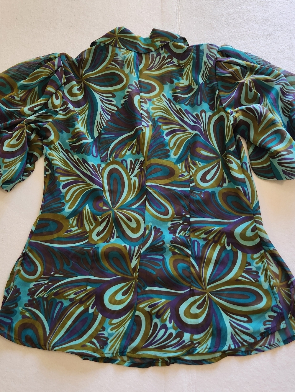 Bisou Bisou Teal, Olive & Purple Abstract Floral Puff-Sleeve Blouse Size Medium - Picture 3 of 9